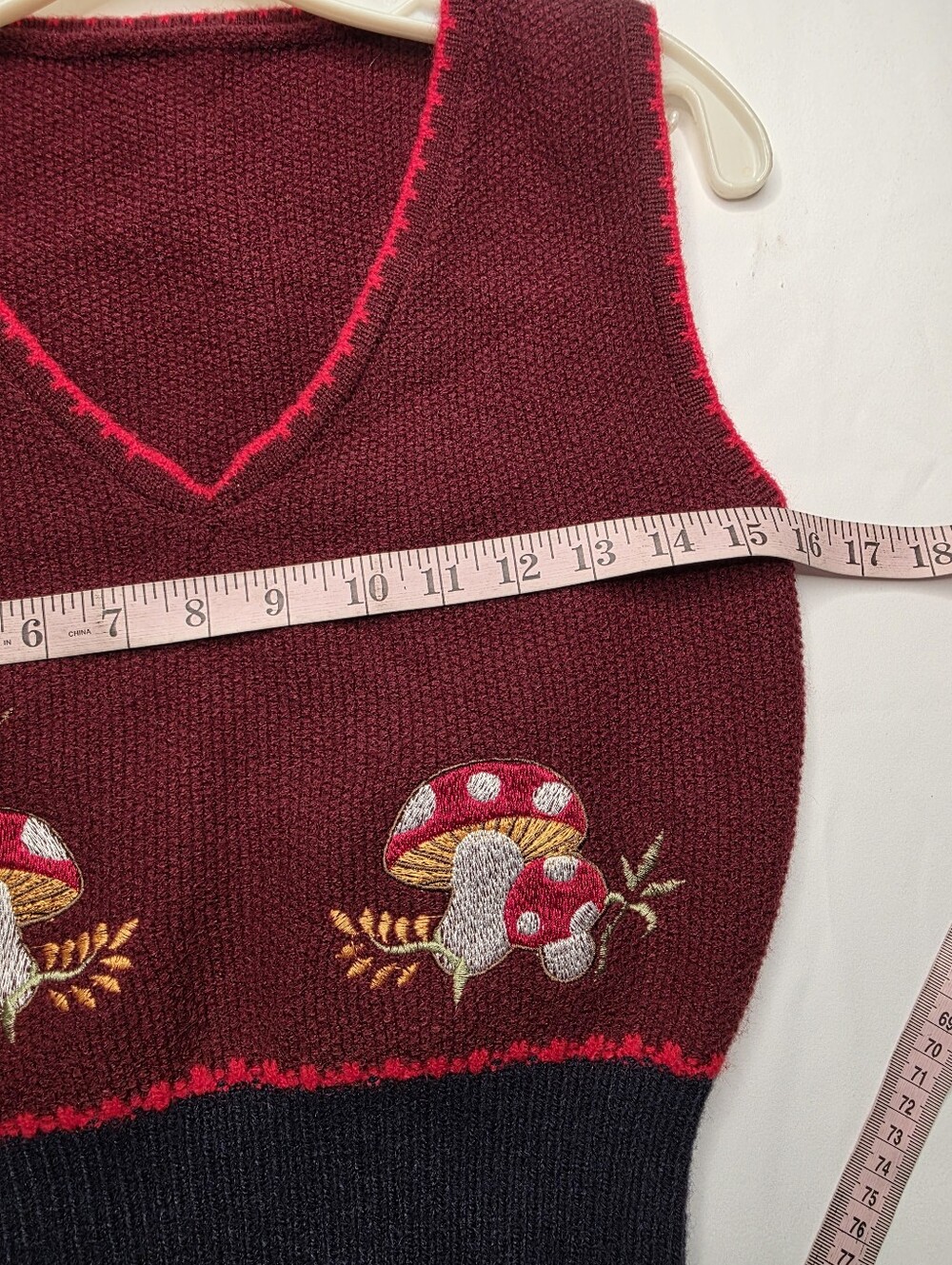 Cider Mushroom Snail Embroidered Knit Sweater Vest Burgundy Navy Small Cottageco - Picture 6 of 9